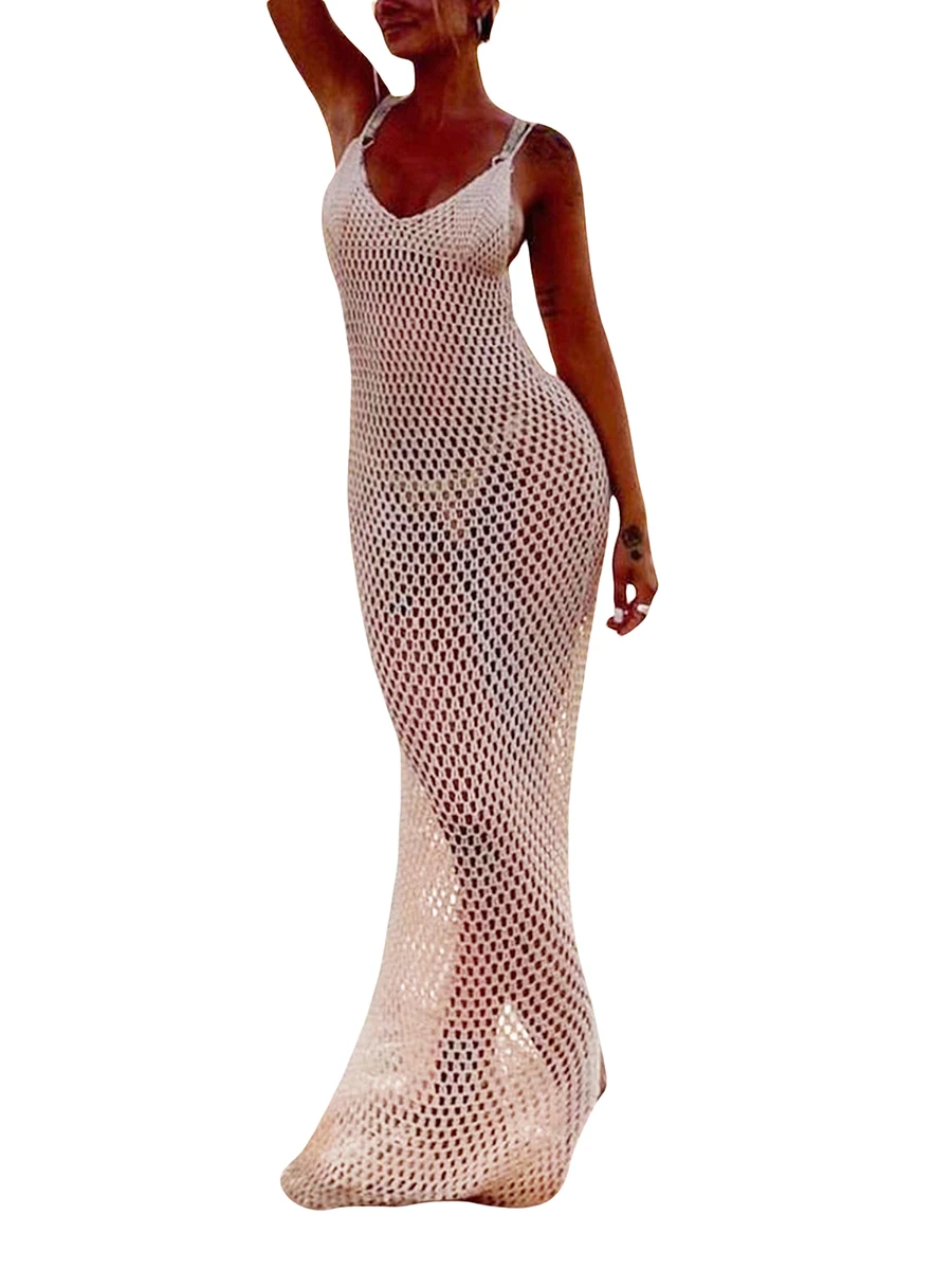 Women Knitted Beach Cover Ups Crochet Cutout Backless Beach Dress For Women Bikini Swimsuit Bathing Suit Summer Beachwear 4