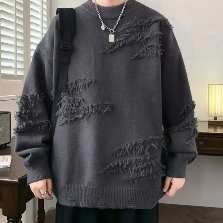 Fashion Solid Autumn Winter Loose Long Sleeve T-shirt Men Pullover Soft Solid Patchwork Irregular Pattern Sweater Warm
