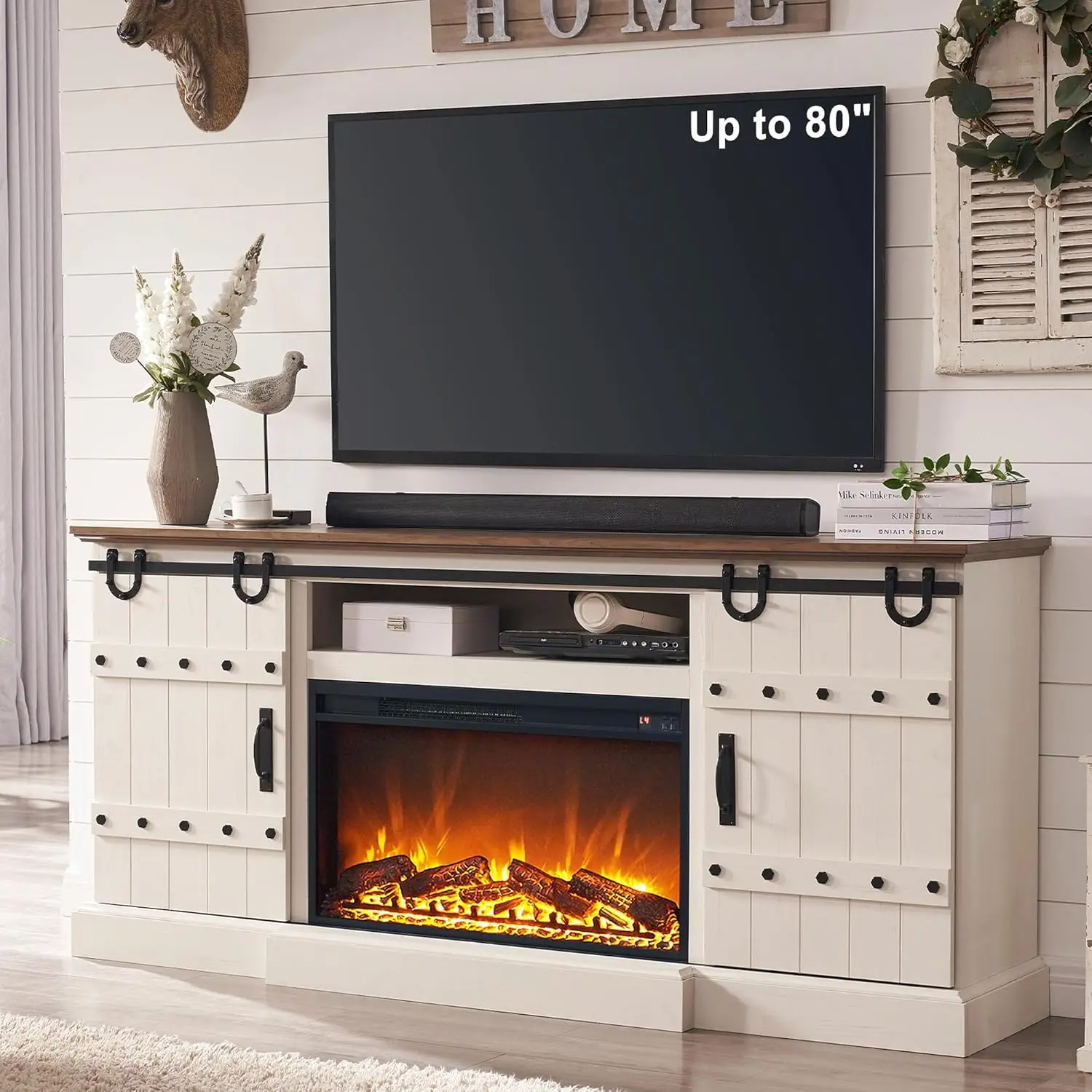 70" Fireplace TV Stand, Farmhouse Highboy Entertainment Center, Rustic Tall Media Console Cabinet for Living Room, Antique White 2
