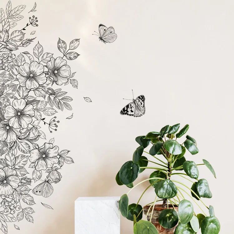 Schlichter schwarzer Blumen-Schmetterlings-Wandaufkleber für Wohnzimmer, Schlafzimmer, Hintergrunddekoration, Wandbild für Heimdekoration, selbstklebende Tapete – Detail 2