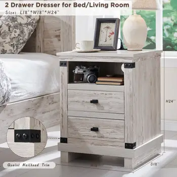 Farmhouse Nightstand Set of 2 with Charging Station – Rustic Wood 1