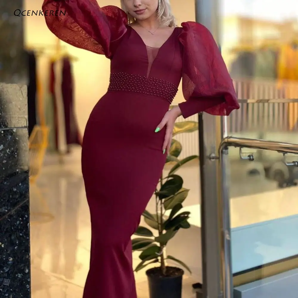 

Zipper-up Mermaid Prom Dresses V-Neck Formal Occasion Dress Puff Sleeves Gowns for Day and Night Party Beading Evening Dress