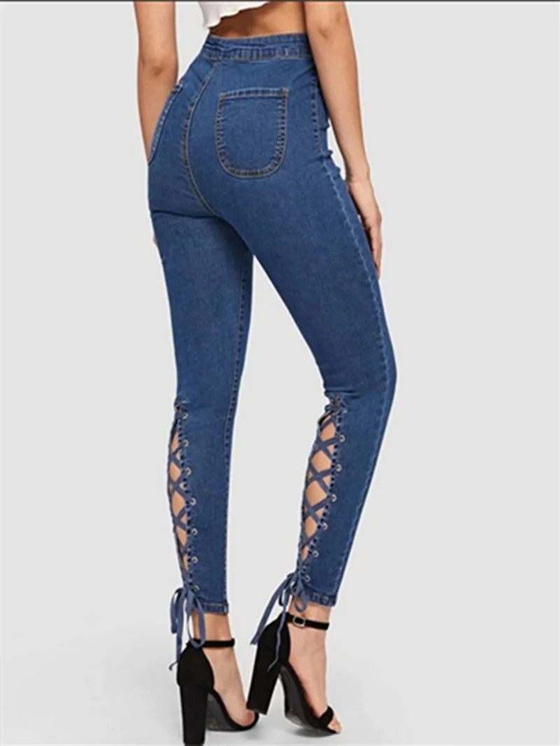 Slimming Personality Lace Up Stretch Denim Trousers Ladies Jeans Women's Clothing