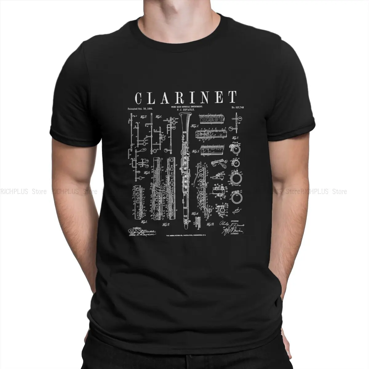 

Clarinet Vintage Patent Clarinetist Drawing Hip Hop TShirt Music Art Casual Polyester T Shirt Newest Stuff For Adult