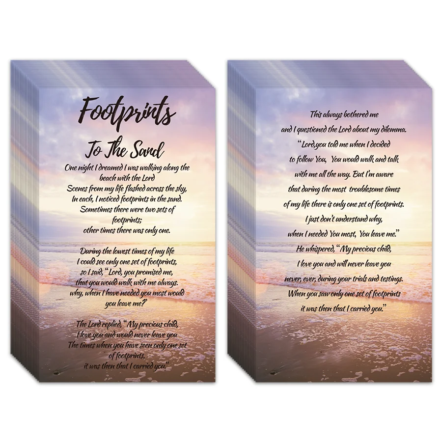 100 stücke Massen zählung von Fußabdrücken in den Sand gedicht geschenken-Taschen gebets karte-christliche Lesezeichen-Brieftaschen karten. – Detail 1