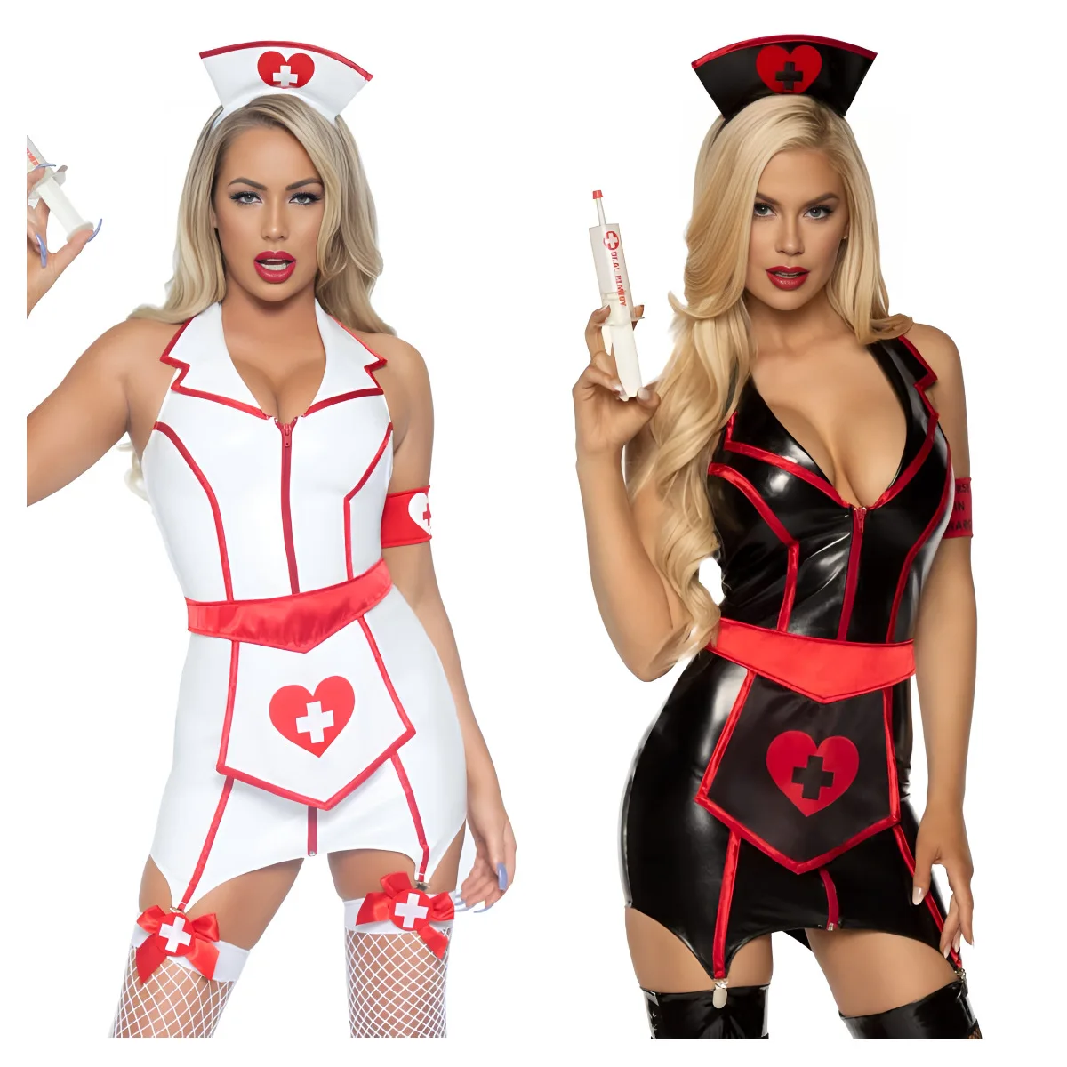 6 Pieces Women Nurse Deep V Neck Faux Leather Short Dress Apron Girl PU Sexy Lingerie Cosplay Costume Uniform