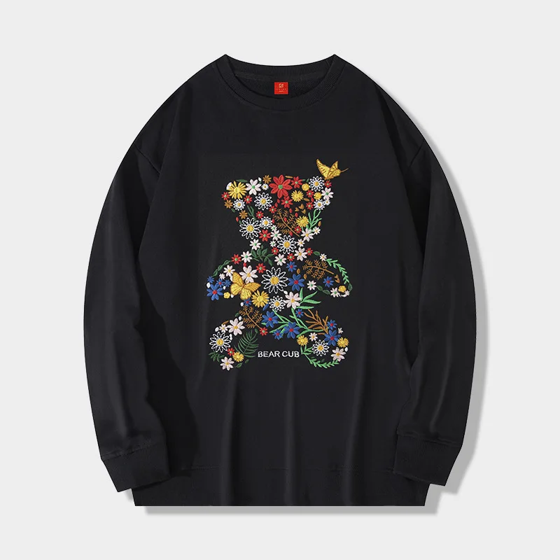 

New Fashion Spring Autumn Men's Sweatshirts Round Neck Flowers Embroidery Loose Pullover Hoodie Large Size Streetwear