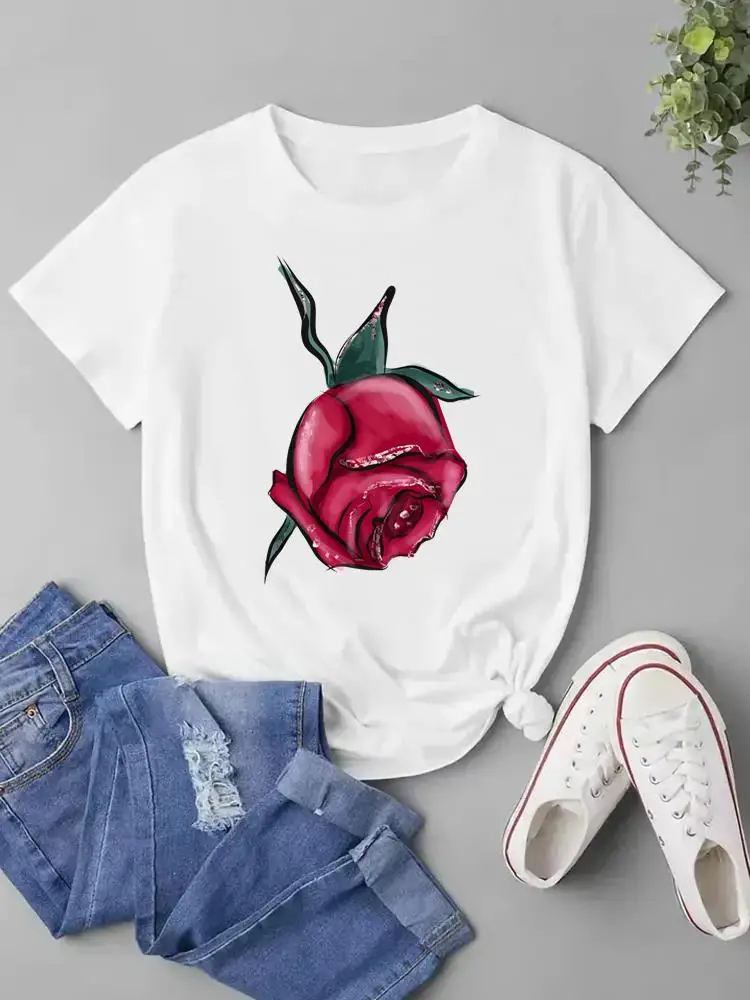 

Short Sleeve Clothes Print Top Fashion T Shirt Graphic T-shirt Flower Floral Lovely 90s Trend Women Female Ladies Clothing Tee