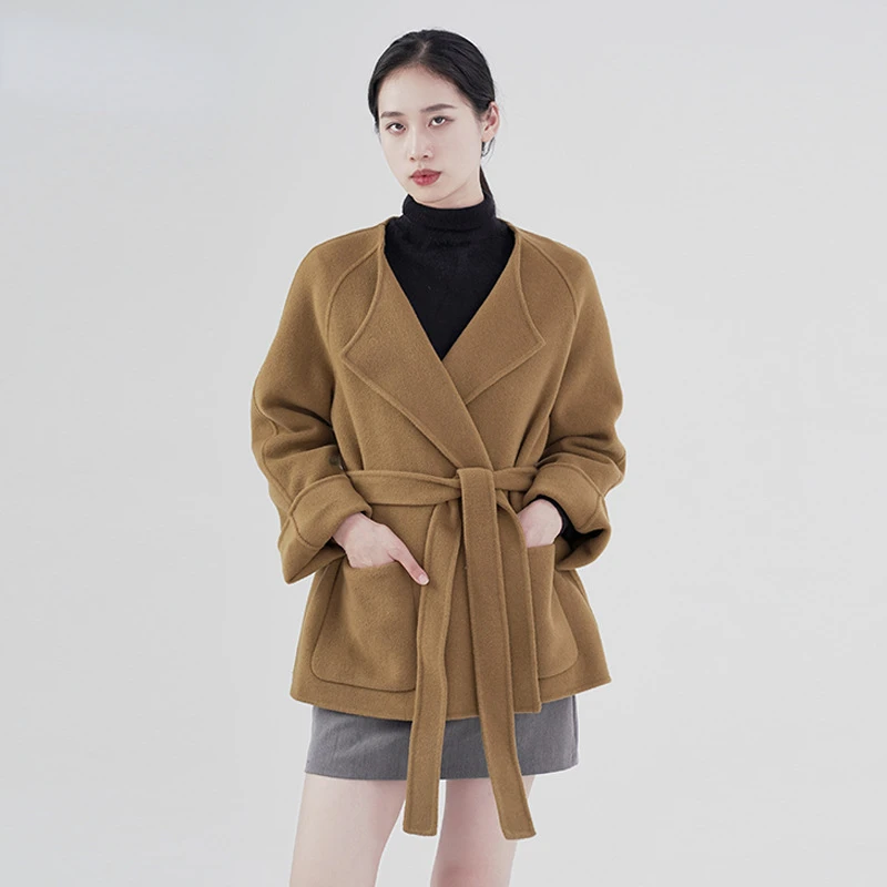 

Women Coat Blends High-end Woolen Autumn Winter Overcoat Wool Lapel Tops Lace Up Handmade Double-sided Cashmere Commuting Pocket