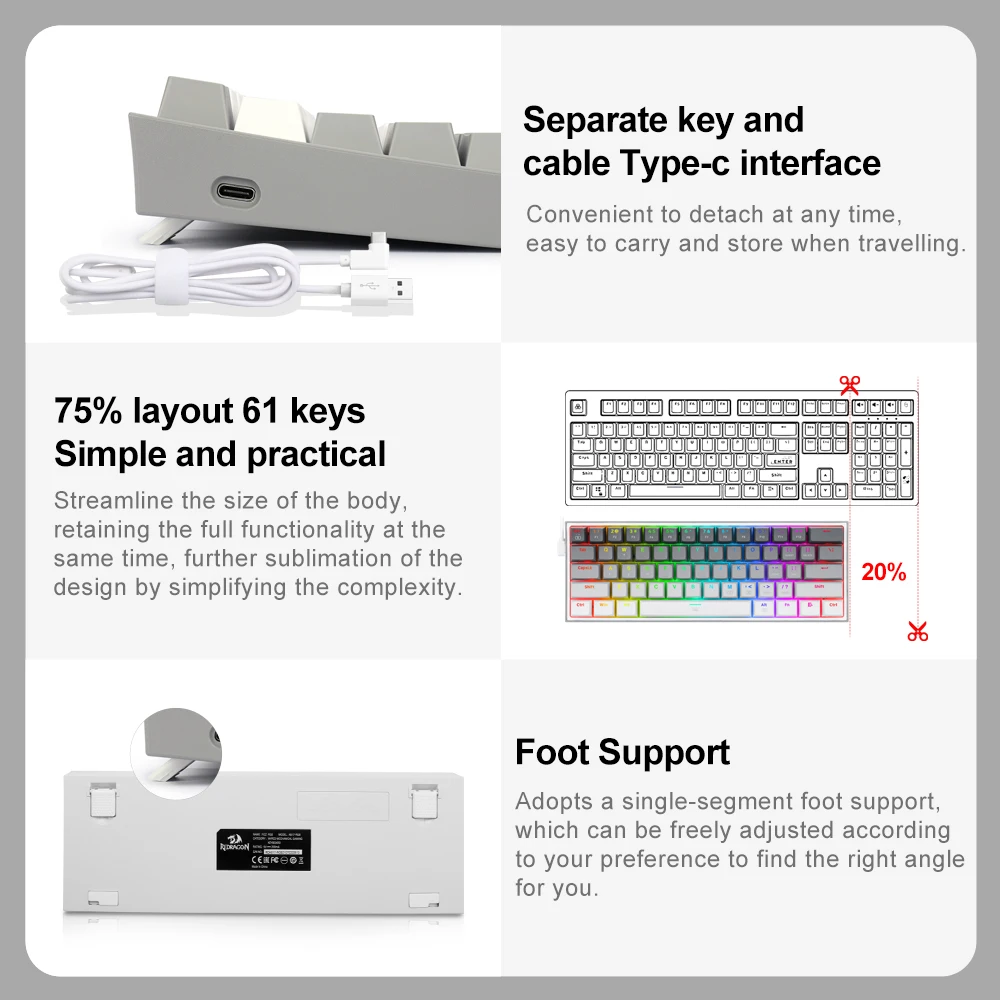 mechanical keyboard REDRAGON Fizz K617 RGB USB Mini Mechanical Gaming Wired Keyboard Red Switch 61 Key Gamer for Computer PC Laptop detachable cable