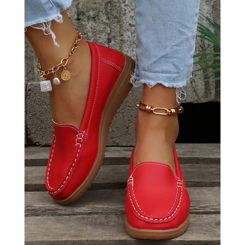 Women Slip On Round Toe Pu Leather Sneakers Autumn Women Casual Daily Flats Shoes 2024 Korean Style Spring Autumn enmayer 2020 pointed toe casual genuine leather basic slip on women shoes high heels spring autumn sweet wedding shoes 34 39