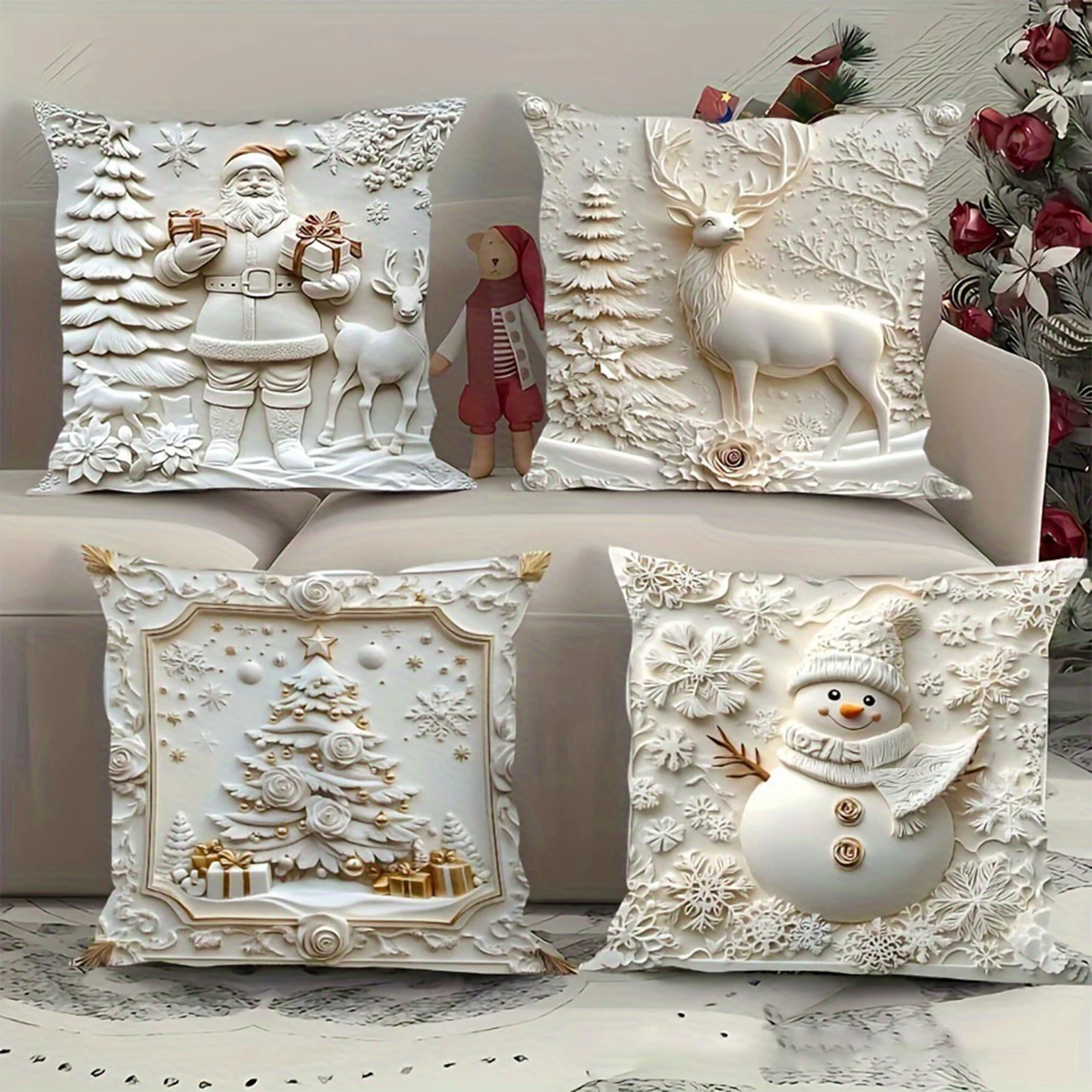 3D Christmas Pillow Covers Set of 4 Throw Pillow Covers Christmas Decorations for Bedroom Sofa Holiday Winter Home Decor
