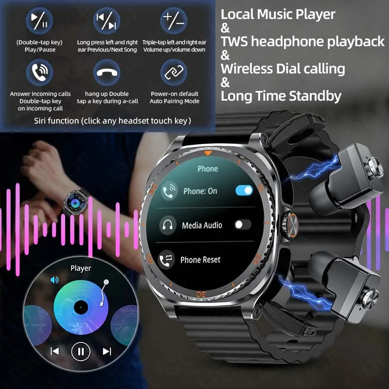 LIGE 2 In 1 TWS Headset Smart Watch 1.53" NFC Men Women Fitness Heart Rate Health Watches Earphone Music Smartwatch 100+ Sports