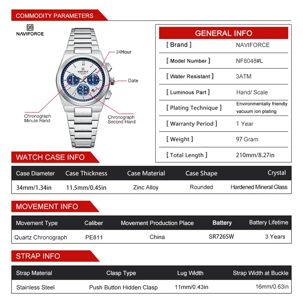 NAVIFORCE NF8048 Top Luxury Brand Women Watch Quartz Lady Wristwatch Chronograph Stainless Steel Bracelet Female Girl Clock Gift 2