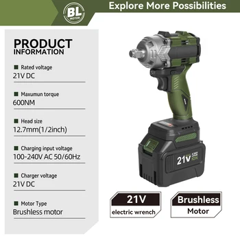 21V Electric 600N.m Impact Brushless Wrench Socket For Car Tires Cordless Power Tools 4500mAh Li-ion Battery 6