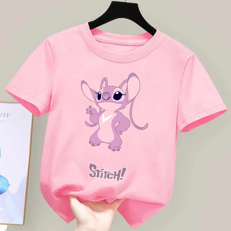 Disney Stitch Angel T-Shirt Girl Pink Short Sleeve Tees Shirt Kids Summer Clothes Cartoon Printed Toddler Tee Tops Baby Clothing