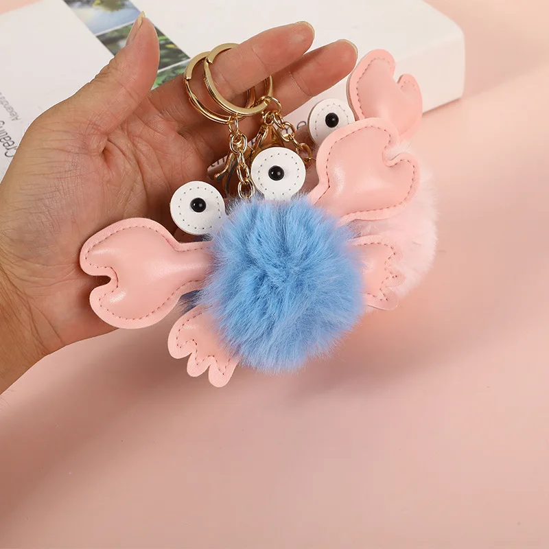 Pu Leather Crab Pom Pom Keychain Cute Cartoon Animal Car Pendant