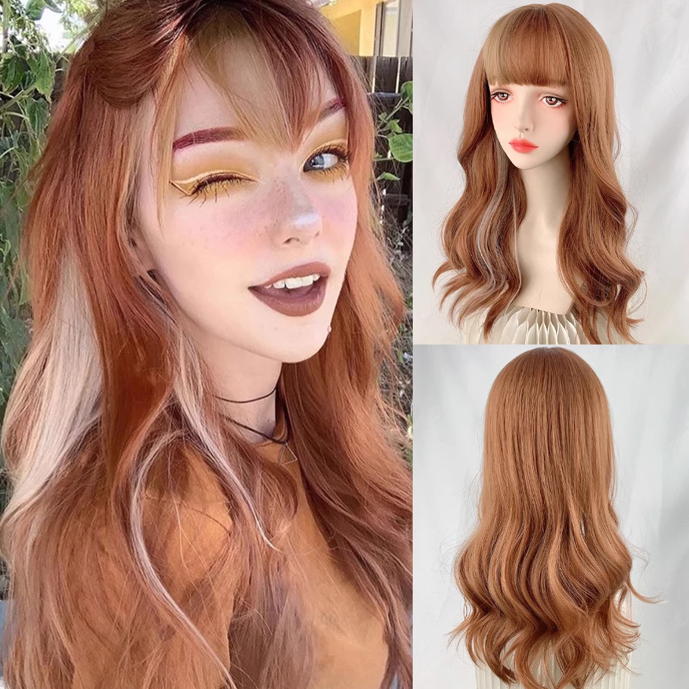 

Synthetic Long Wavy Ombre Highlight Brown Women Wig with Bangs Fluffy Lolita Cosplay Heat Resistant Hair Wig for Daily Part
