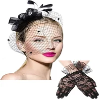 Fashion lady's Fascinator Hat Bridal Lace Glove Set Birdcage Veil Wedding Chapel Cocktail Tea Party Women Feathered Headpiece 2