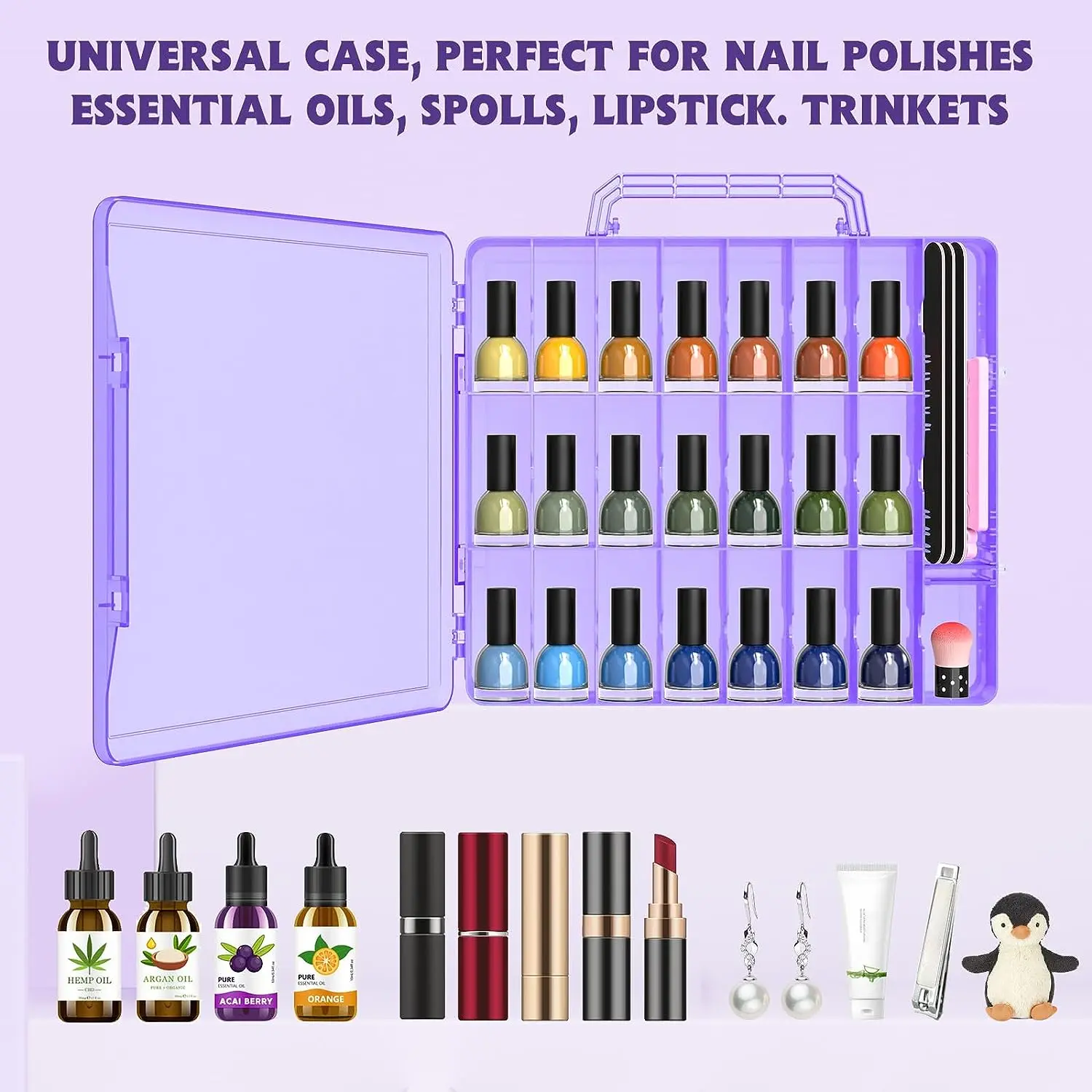 Portable Nail Polish Organizer Clear Double Side Nail Polish Holder Gel Nail Storage for 48 Bottles with 6 Adjustable Dividers