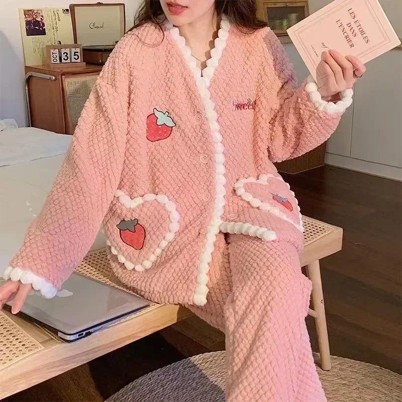

For Sleepwear Flannel Women Pink Pijamas Thick Cute Pyjamas Pajamas Homewear Sweet Winter Nightwear Female Sets Warm V-Neck