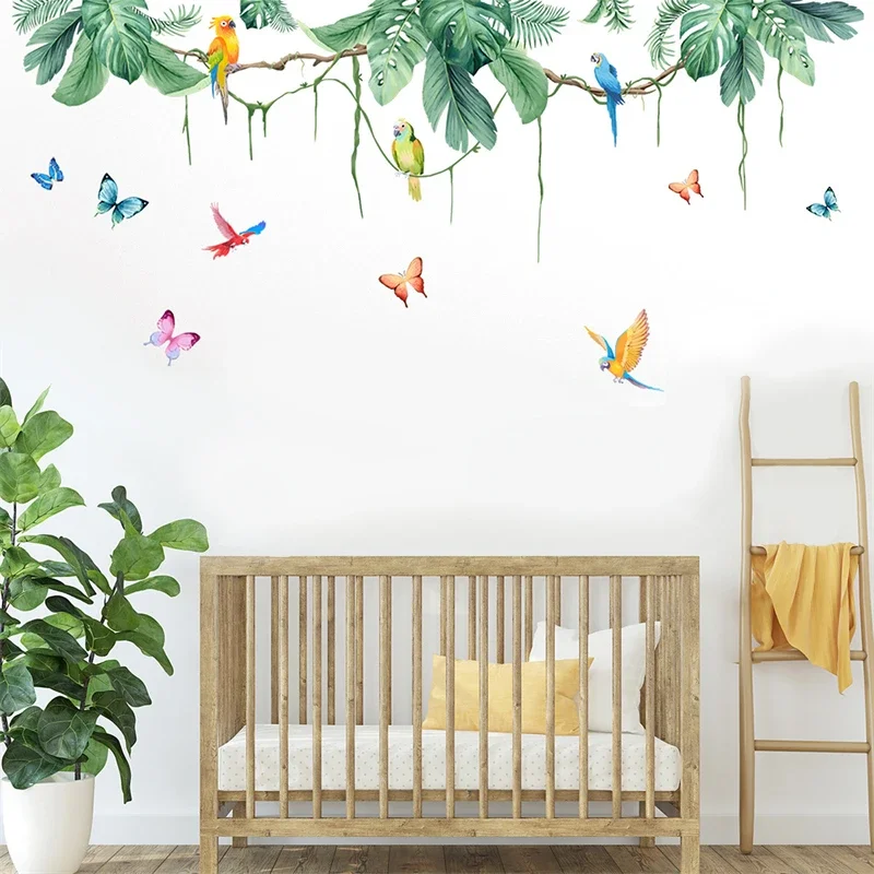 Wall Stickers Large Plants Green Leaves Butterfly Bird Wall Stickers For Living Room Background Decoration