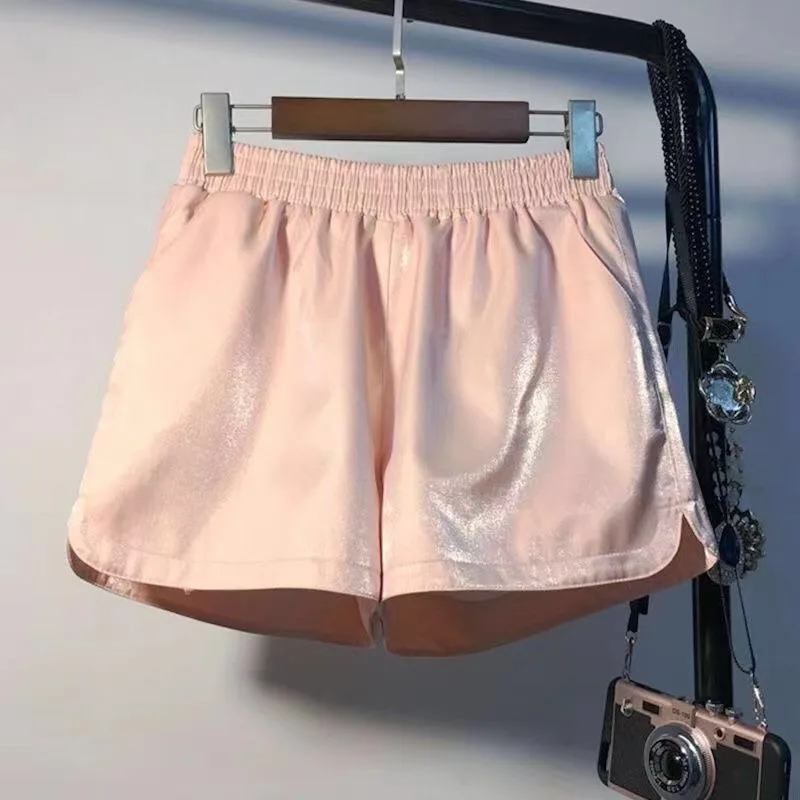 Elastic Waist Ice Silk Women's 2024 Summer Leisure Sports Outwear Versatile Large Size Loose Fashion Bright Silk Shorts