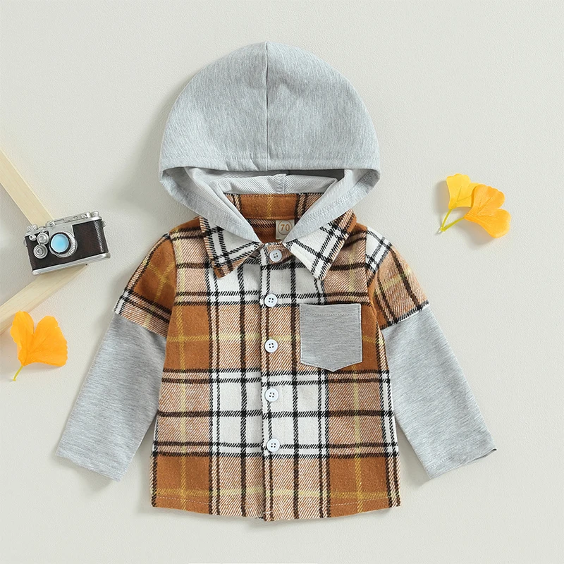 SUNSIOM Baby Boys Shirts Plaid Patchwork Long Sleeve Hooded Turn-Down Collar Buttons Toddler Hoodies Fall Infant Tops