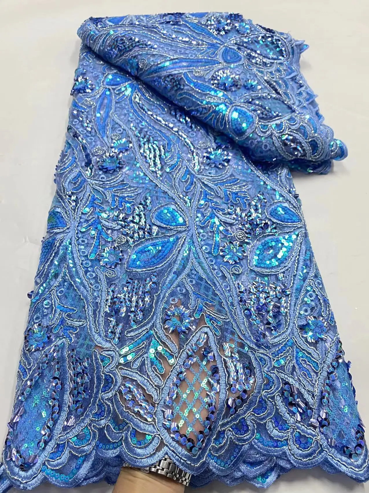 

Sky blue African Mesh Lace Fabric Embroidery French Mesh Lace Fabrics With Sequins Nigerian Tulle Lace For Party wedding Sewing