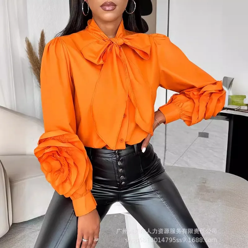 

Новинка весна-лето 2024 женская одежда однотонный романтический элегантный топ с длинными рукавами и трехмерными цветами