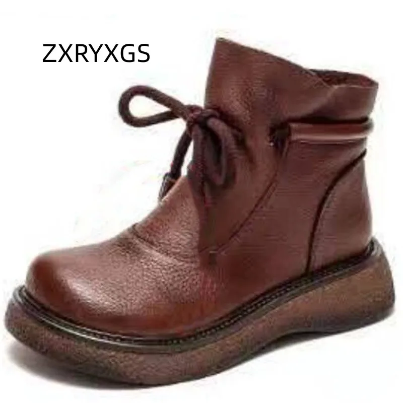 

ZXRYXGS 2023 New Soft Cowhide Autumn Winter Boots Flat Soft Cow Tendon Sole Comfortable Boots Women Leather Boots Roman Shoes