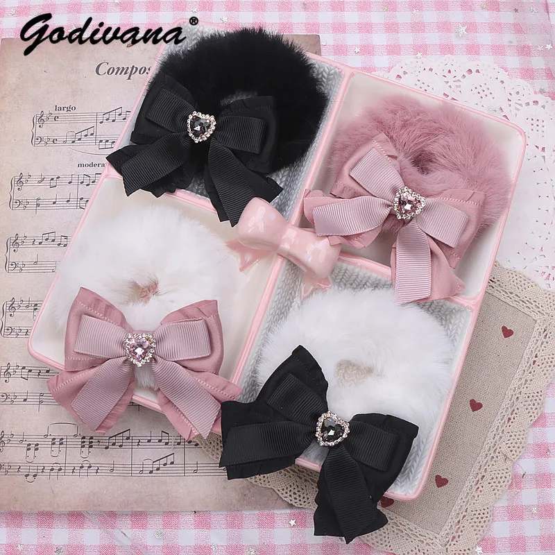 Handmade Mine Sweet Cute Bow Heart Shape Rhinestone Furry Hair Ring Hair Accessories Lolita Headdress for Women Hair Ties heart shape rhinestone bowknot hair ring women s autumn and winter high elastic simple and durable hair rope high grade exquisit