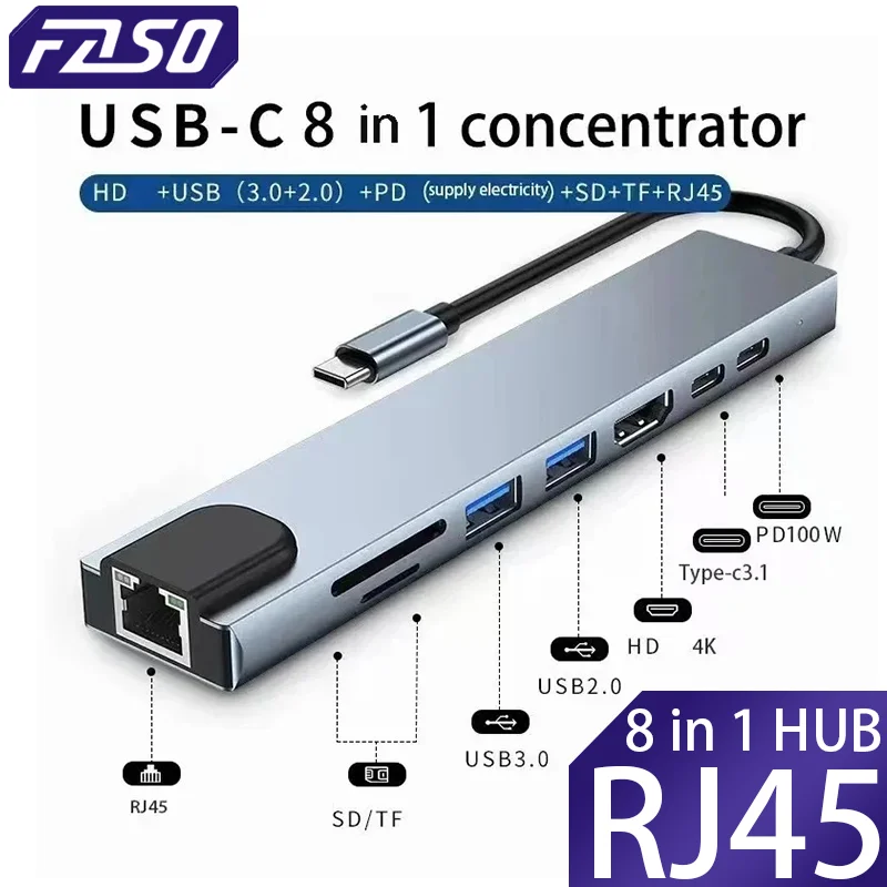 Type C Hub Adapter FASO 8in1 Type C Hub USB C 8 In 1 USB3.1 To 4K HDMI Adapter with RJ45 SD/TF Card Reader PD Fast Charge For Laptop Computer
