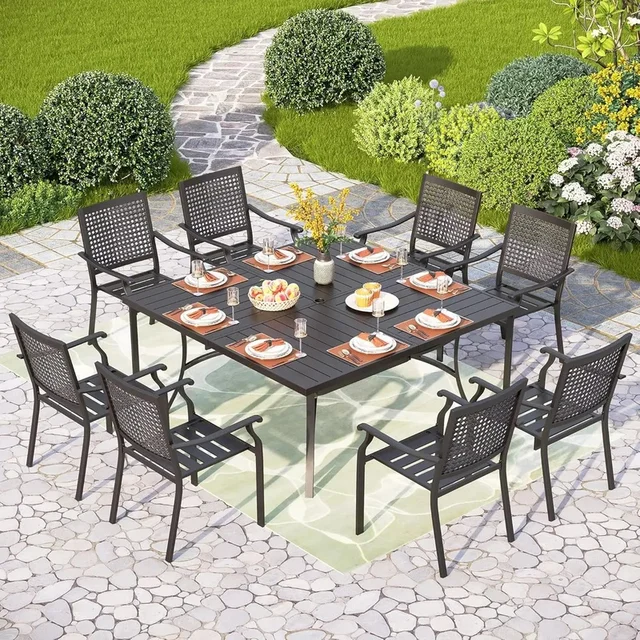 Set tavolo da pranzo da patio quadrato in ferro battuto da 60" per 8 persone - Grandi mobili da esterno in metallo 1