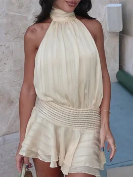 Mini abiti eleganti da donna in chiffon con scollo all'americana 2025 Primavera Estate Abito sexy con lacci in vita avvolta senza schienale New Lady Party Vestidos