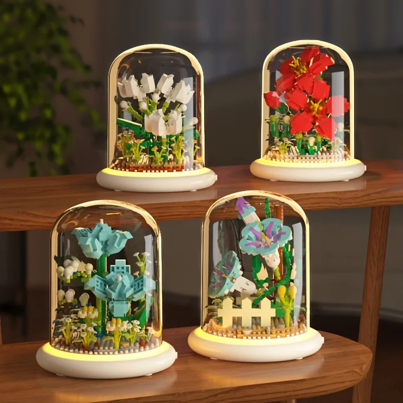 Building block pot Immortal flower Plant Small brick tulip ornament Toy Valentine Birthday Gift Glow Easter gift