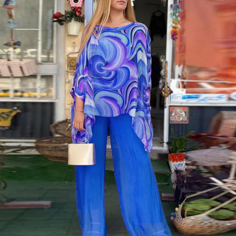 

Шифоновый костюм с разноцветным принтом, офисный женский свободный костюм из двух предметов с длинными брюками и коротким рукавом, 2024
