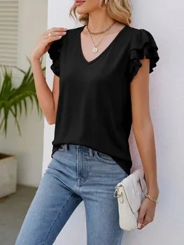 Women's Sexy V-Neck Ruffle Trim T-Shirt 2026 Summer Casual Loose Fit Solid Color Short Sleeve Blouse for Street Style 1
