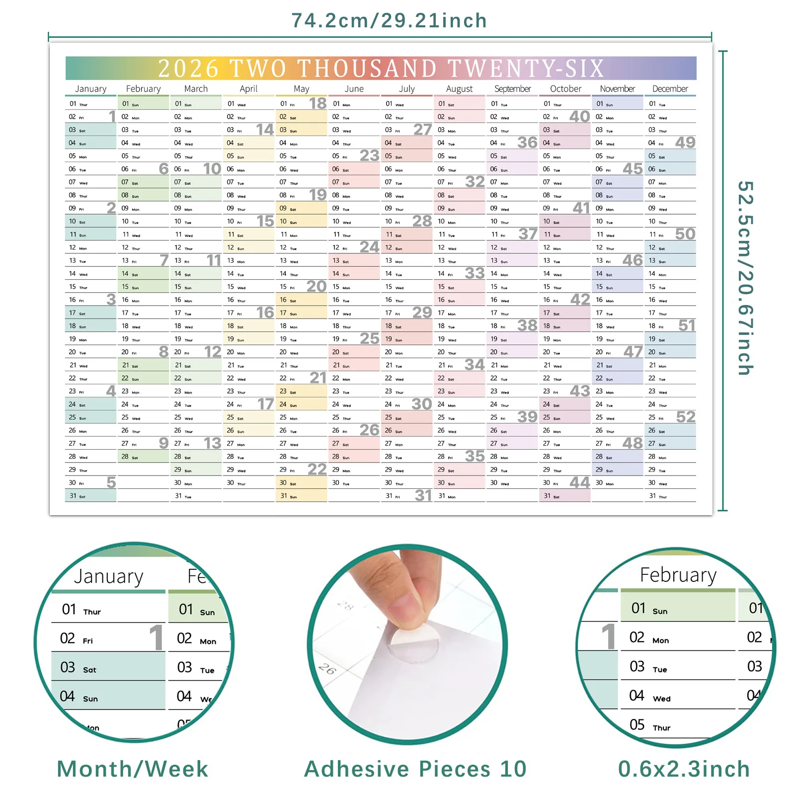 Grande Calendario da Parete 2026 29x20 Pollici con Adesivi, Planner Mensile per Ufficio, Casa, Scuola, Organizzatore di Orari di Studio, Lavagna per Appunti - immagine 6