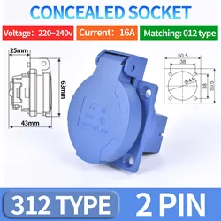 Durable Waterproof Industrial Plug and Socket - 16A, 2-Pin, IP44/IP54, Concealed/Wall Mounted, 200-250V - 16A (Concealed Socket)