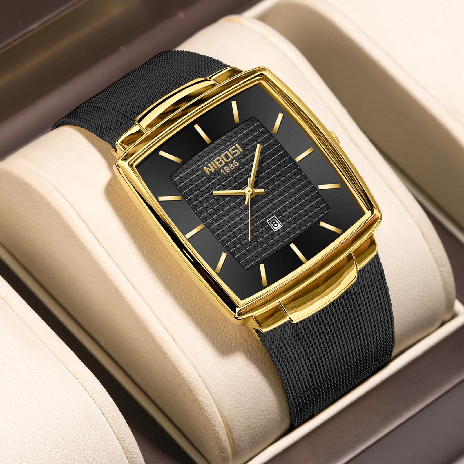 NIBOSI Orologio da polso per uomo, analogico al quarzo, in acciaio inox, militare, per uomini, quadrato, impermeabile, business, classico, di design, Nero , Classico