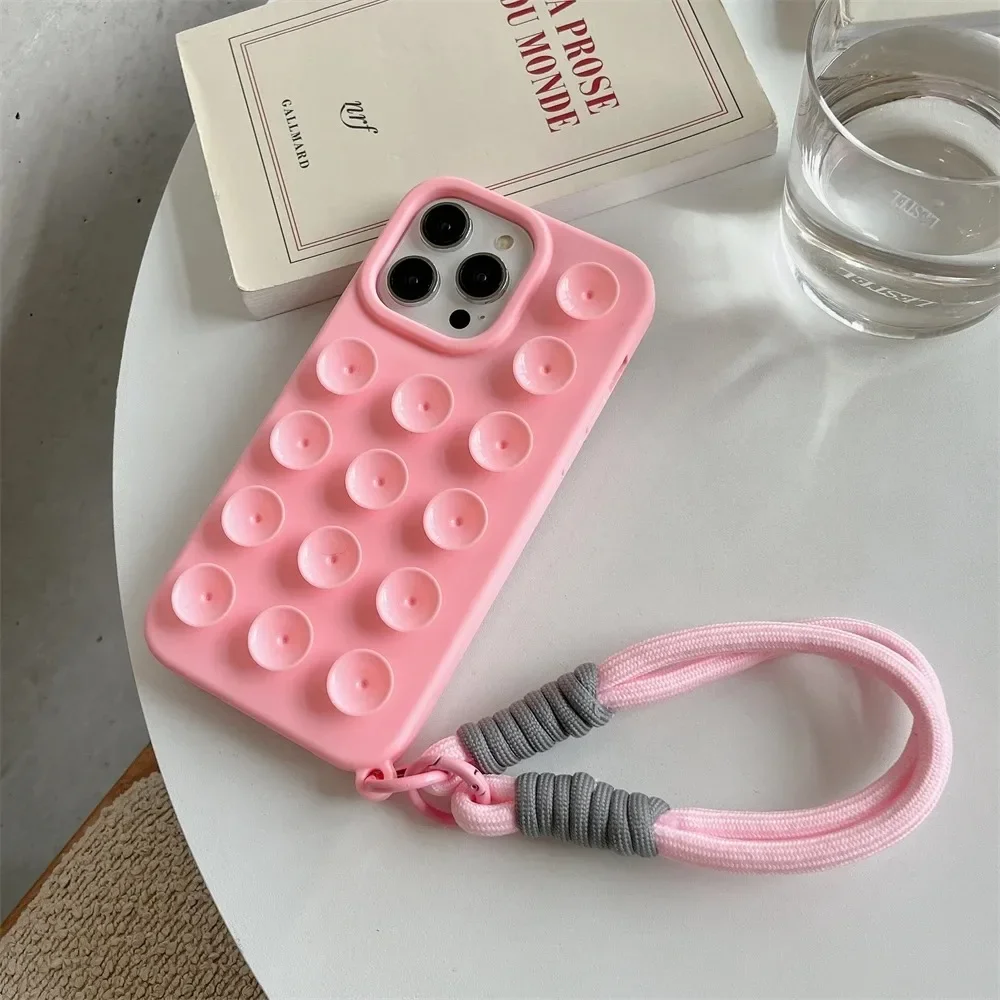 Charming Suction Cup Wrist Strap Case with Lanyard - Soft Liquid Silicone Solid Color Cover