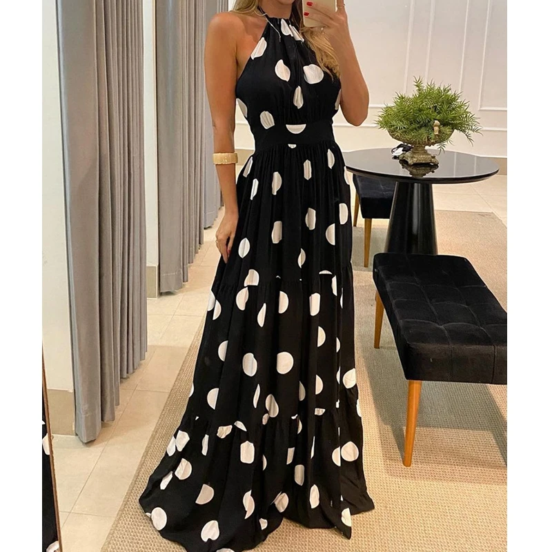 

Women Sleeveless High Waist Long Loose Dress Floor Length Summer Polka Dot Print Halter Backless Ruched Maxi Dress