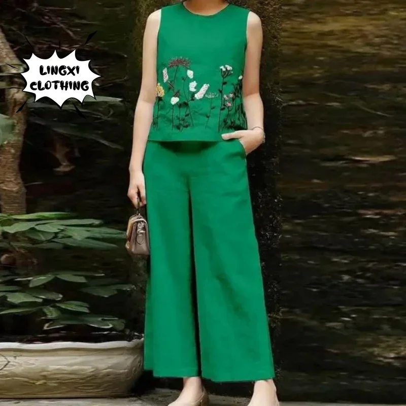 2024 Summer New Women's Cotton and Hemp Set Loose and Elegant Leisure Round Neck Sleeveless Embroidered Commuter Two Piece Set