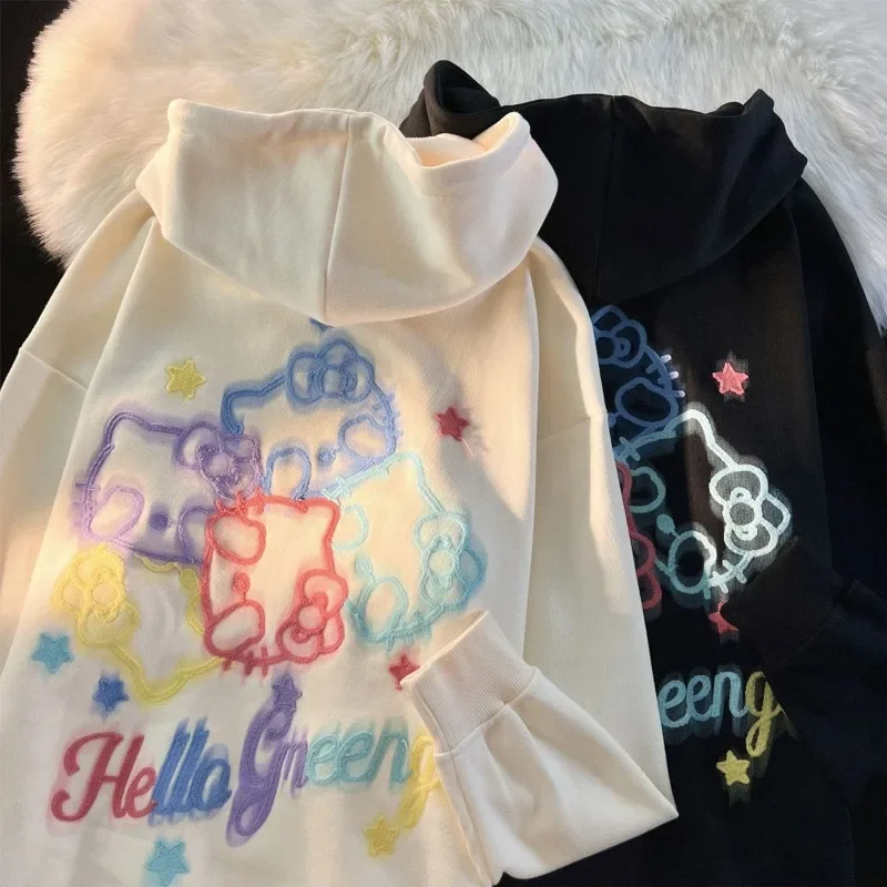 

Hello Kitty Cute Cartoon Hooded Jacket College Style New Loose Large Size Couple Spring and Autumn Plus Velvet Sweatshirt