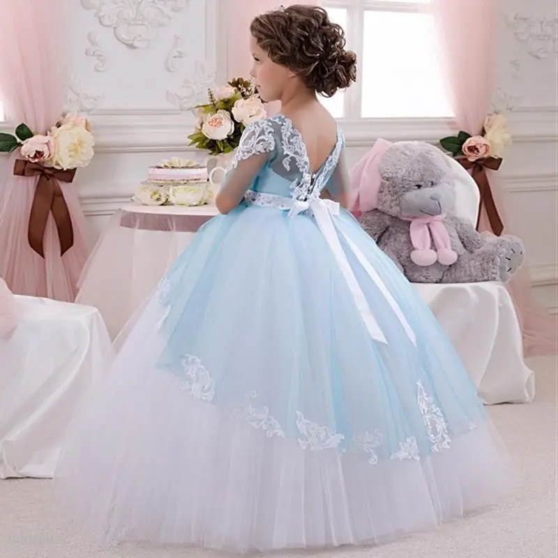 

Flower Girl Dress For Wedding Lace Applique Tulle Puffy Layered Short Sleeve Bow Birthday Party First Communion Ball Gowns