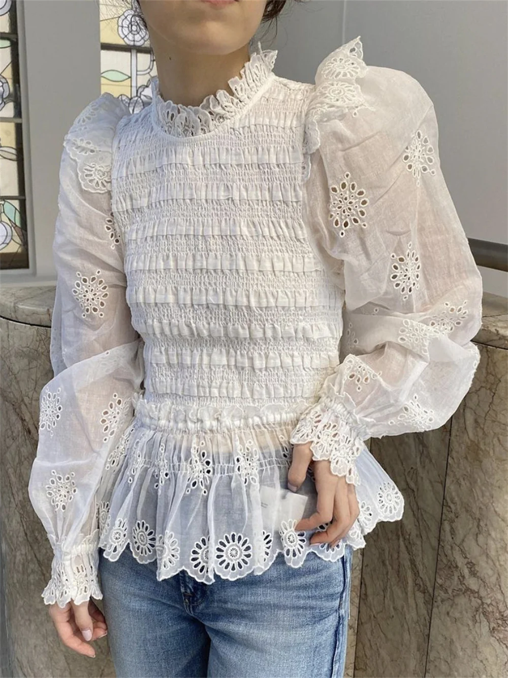 

2023 Summer New Women Lace Embroidery Hollowed Out Sweet Blouse Ladies Ruffled Stand Collar Puff Sleeve Pleated Shirt