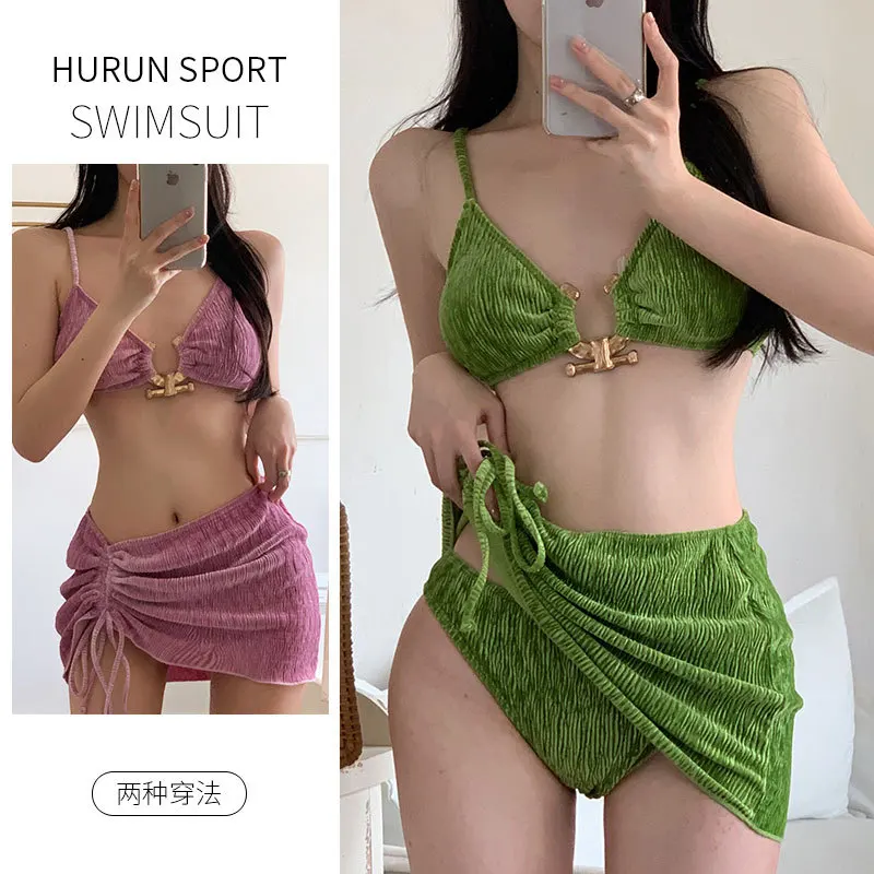 

Women Swimsuit Bikini 3pcs with Cover Skirt Summer Beach Holiday Travel Sexy Vintage Split Swimwear Spaghetti Strap Bathing Suit
