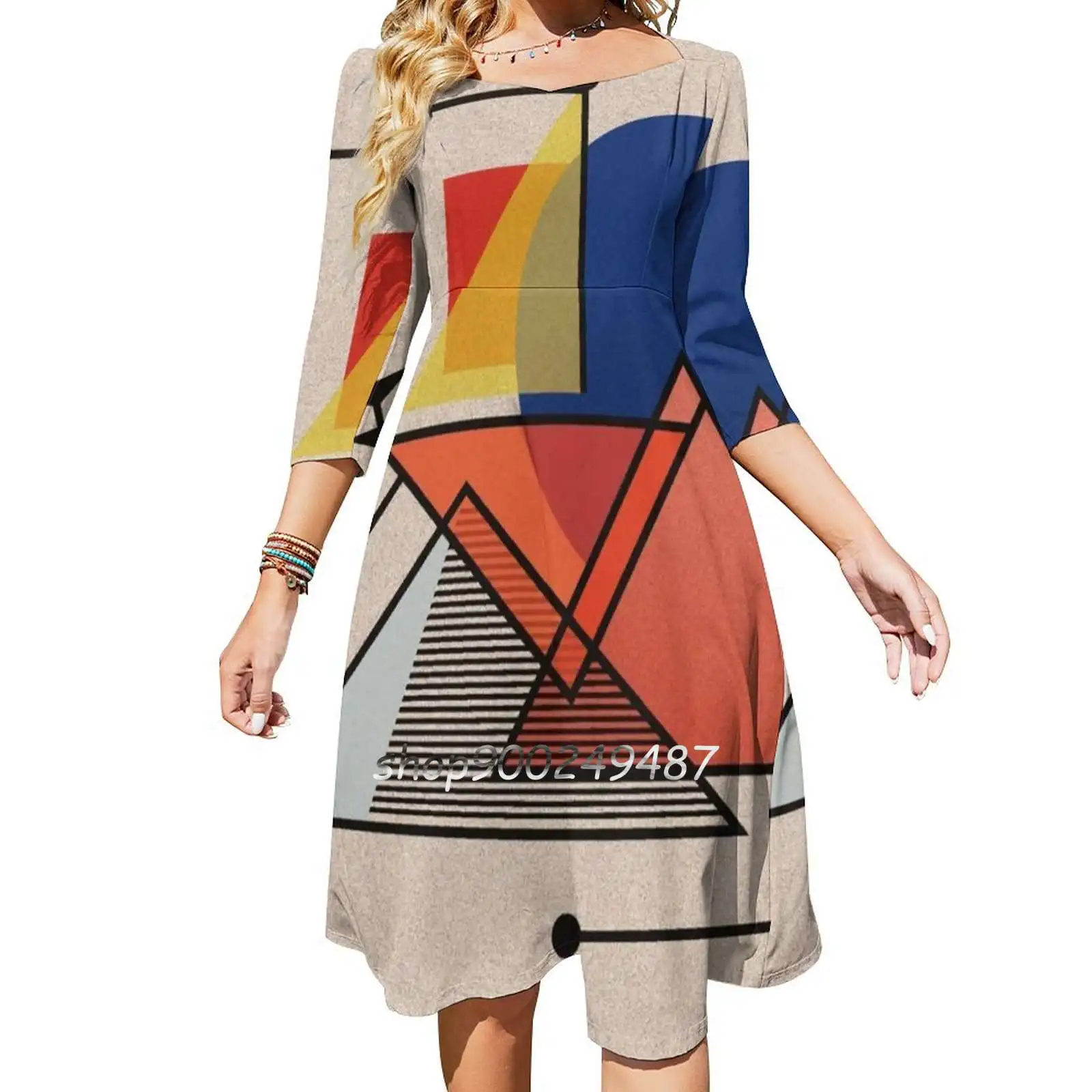 

Современное платье-абстракция Midcentury с квадратным вырезом, милое летнее платье, женское элегантное платье с принтом «халтер», Makanahele Midcentury