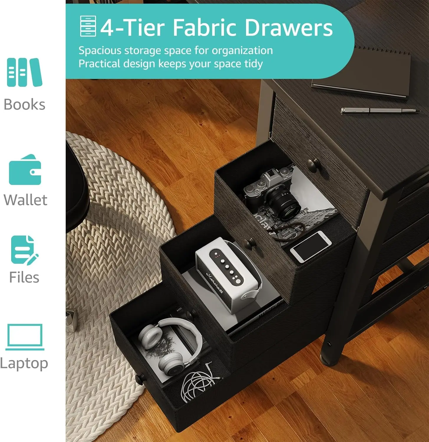 Gaming Desk with 4 Fabric Drawers & Storage Shelves 47 inch Computer Writing Work Study Desk for Home Office Bedroom Modern Simp